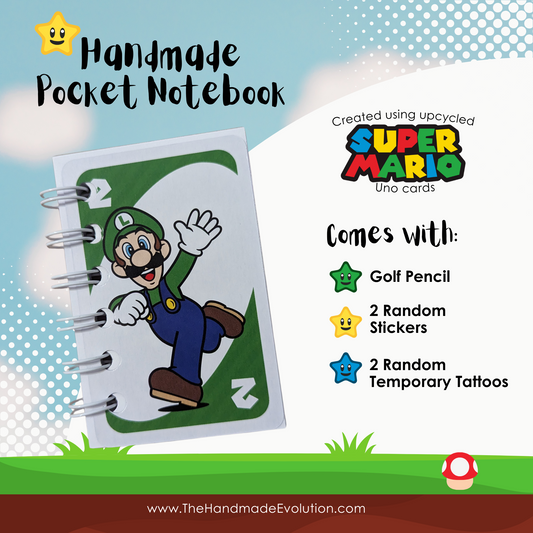 Mario themed pocket notebook. Handmade using upcycled Mario Uno Cards. Luigi. Comes with pencil, 2 stickers, 2 temporary tattoos.