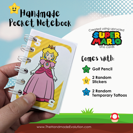 Mario themed pocket notebook. Handmade using upcycled Mario Uno Cards. Princess Peach.