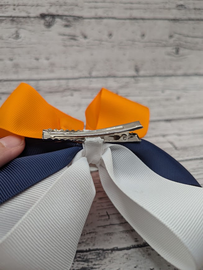 Baseball Bow, Blue, Orange, White Hair Clip