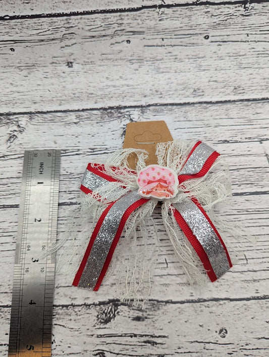 Strawberry Shortcake Bow, Lace, Red, Sparkle Silver, Hair Clip