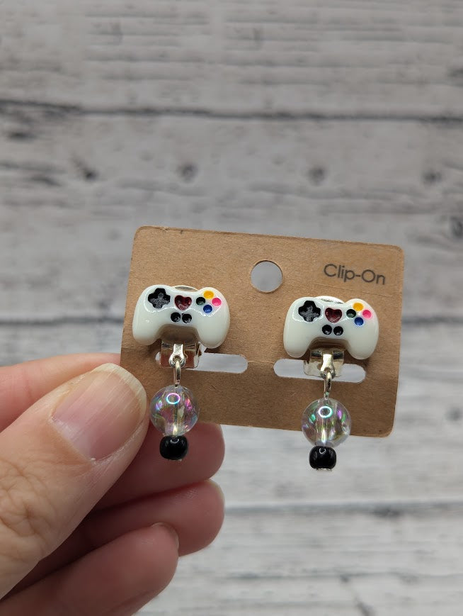 Video Game Clip-On Earrings, White with Clear Bead