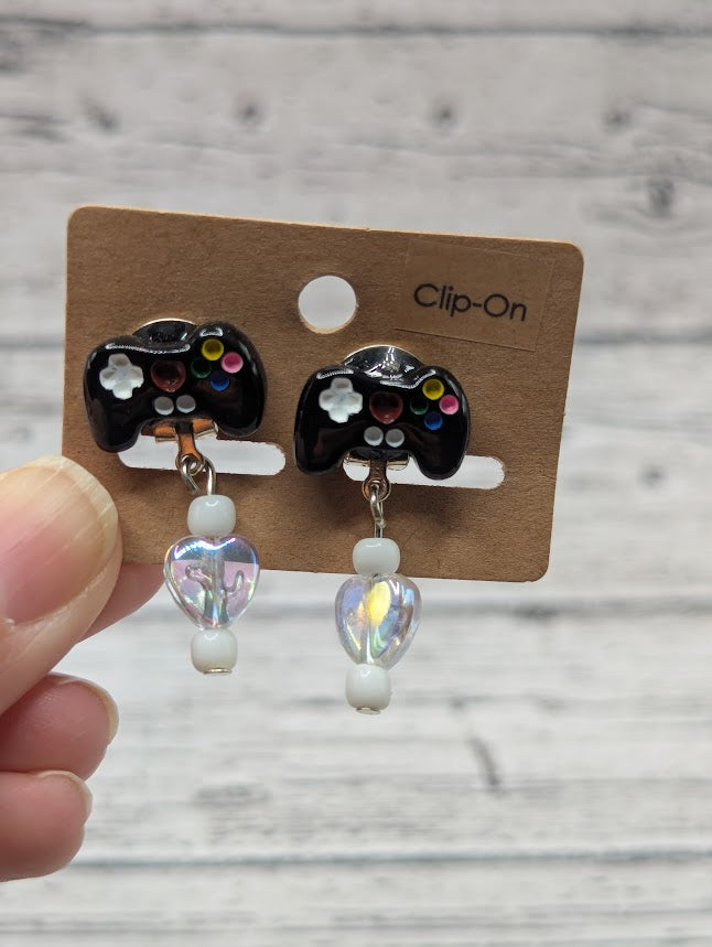 Video Game Clip-On Earrings, Black with Heart bead