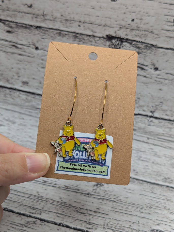 Pooh Bear & Piglet, Gold Long Dangle Earrings