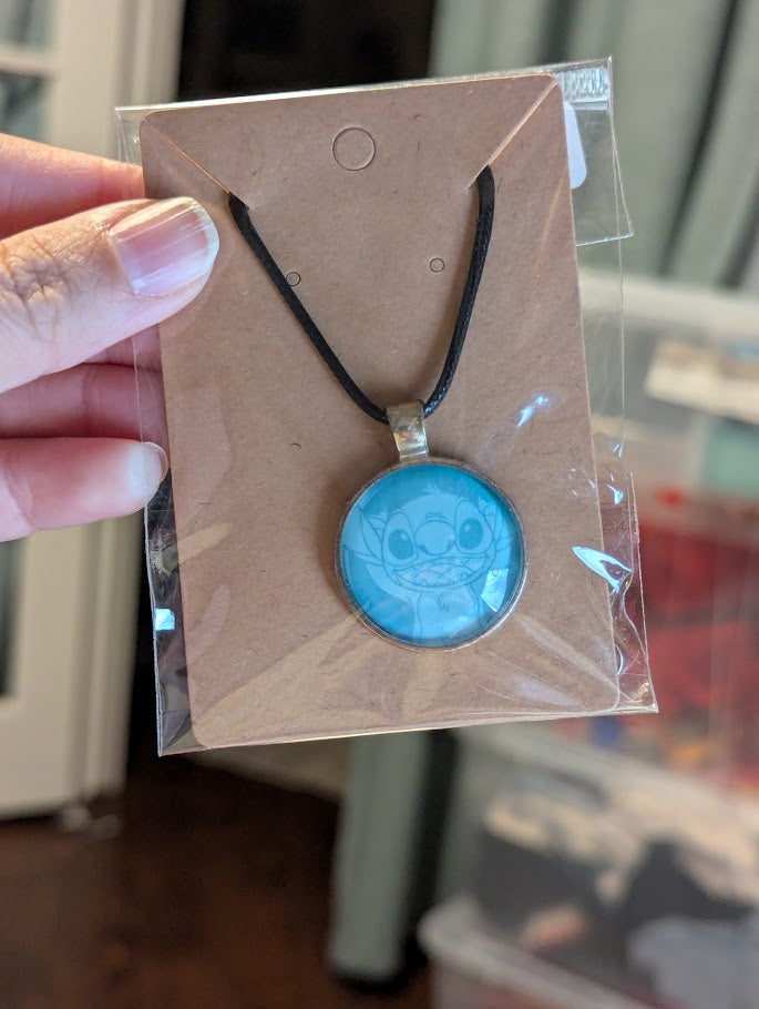 Stitch, Light blue bezel, Black Necklace