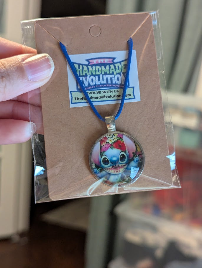 Stitch, Bezel, Flowers, Blue Necklace