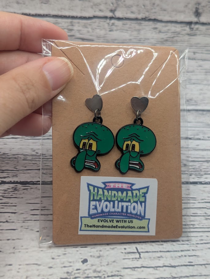 Squidward, Silver Heart Stud Earrings