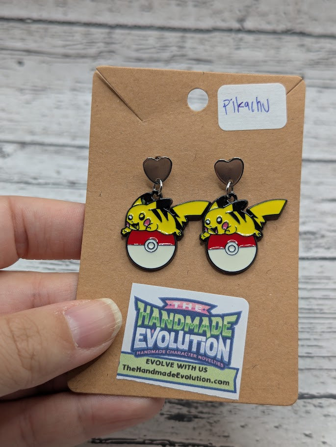 Pikachu, Ride on Pokeball, Silver Heart Stud Earrings