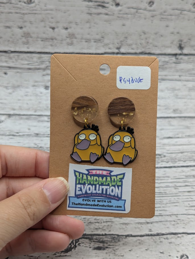 Psyduck, Wooden Gold Sparkle, Stud Earrings