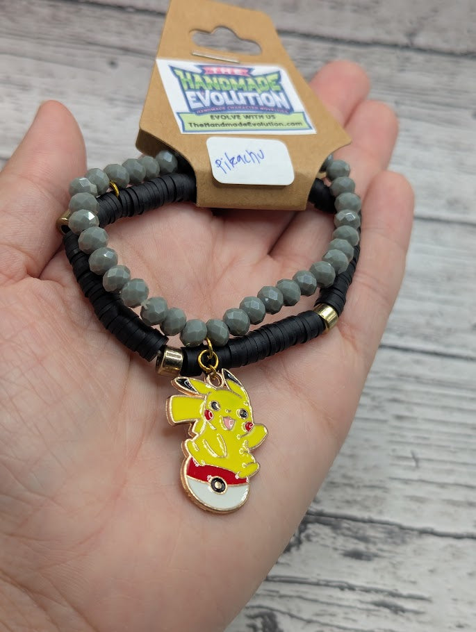 Pikachu, Pokeball, Black, Grey, Bead Bracelet