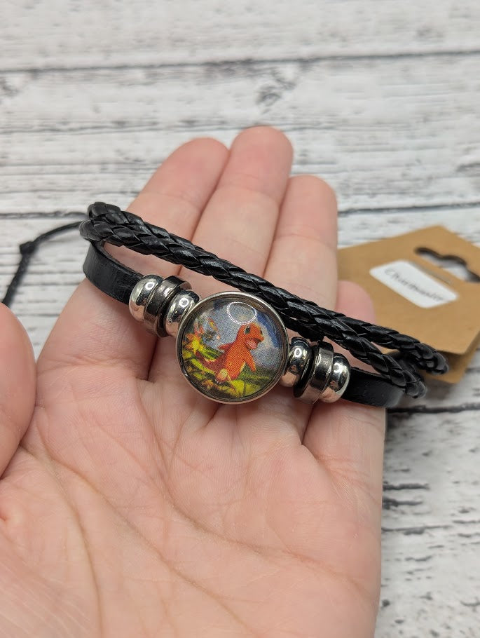 Charmander Black Leather Cord Bracelet - Adjustable