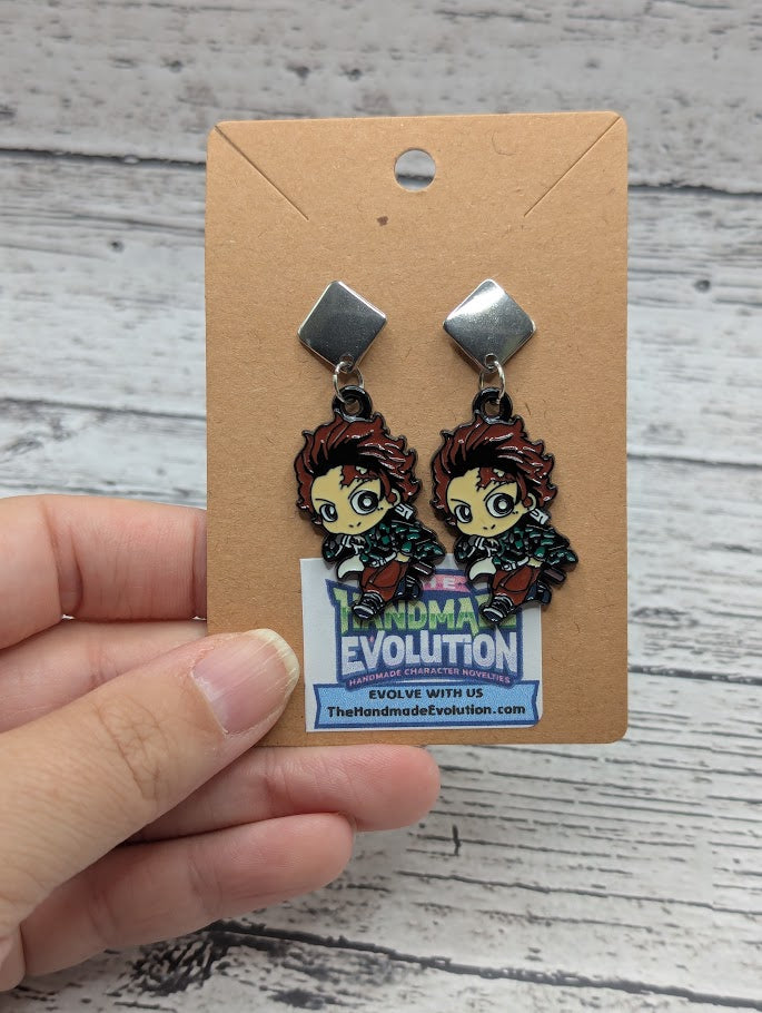Demon Slayer, Green Shirt, Silver Diamond Stud Earrings