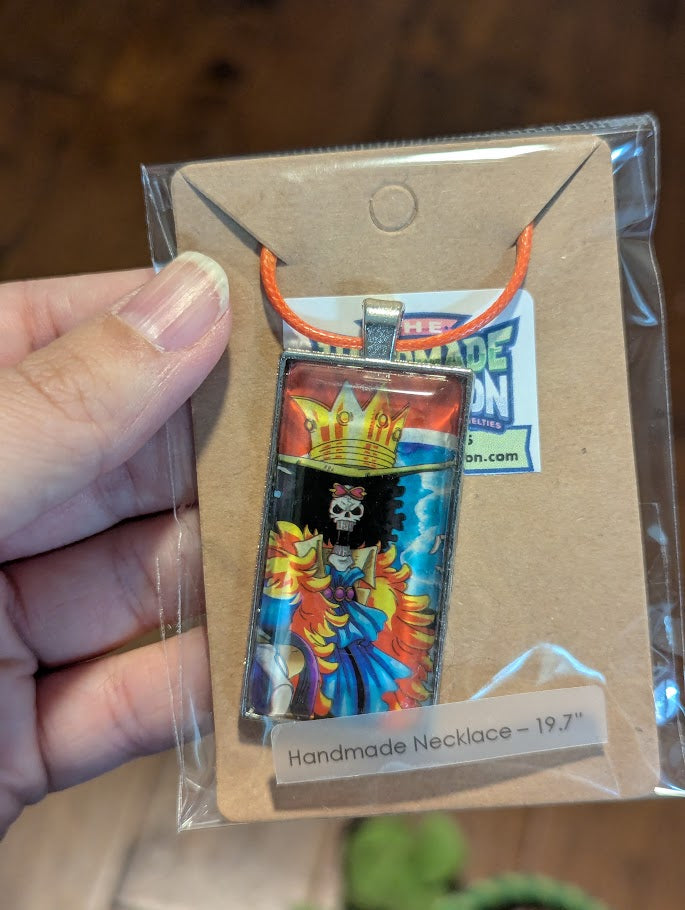 One Piece, Upcycled Card, Rectangle Bezel, Orange Necklace