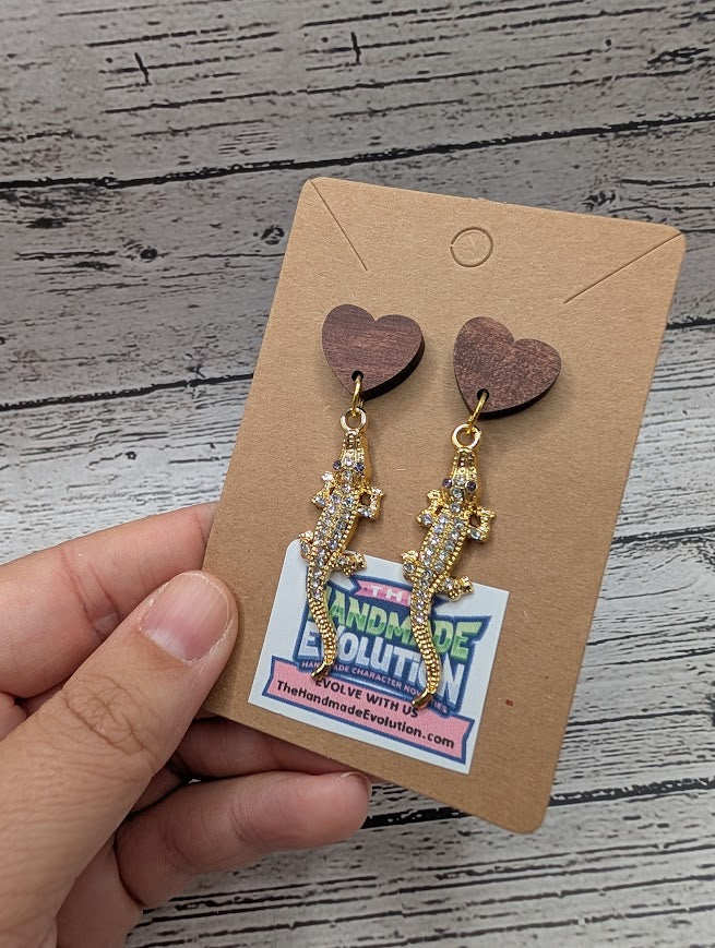 Gold Alligator Earrings: Wooden Heart