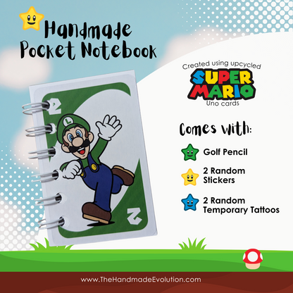 Mario themed pocket notebook. Handmade using upcycled Mario Uno Cards. Luigi. Comes with pencil, 2 stickers, 2 temporary tattoos. 