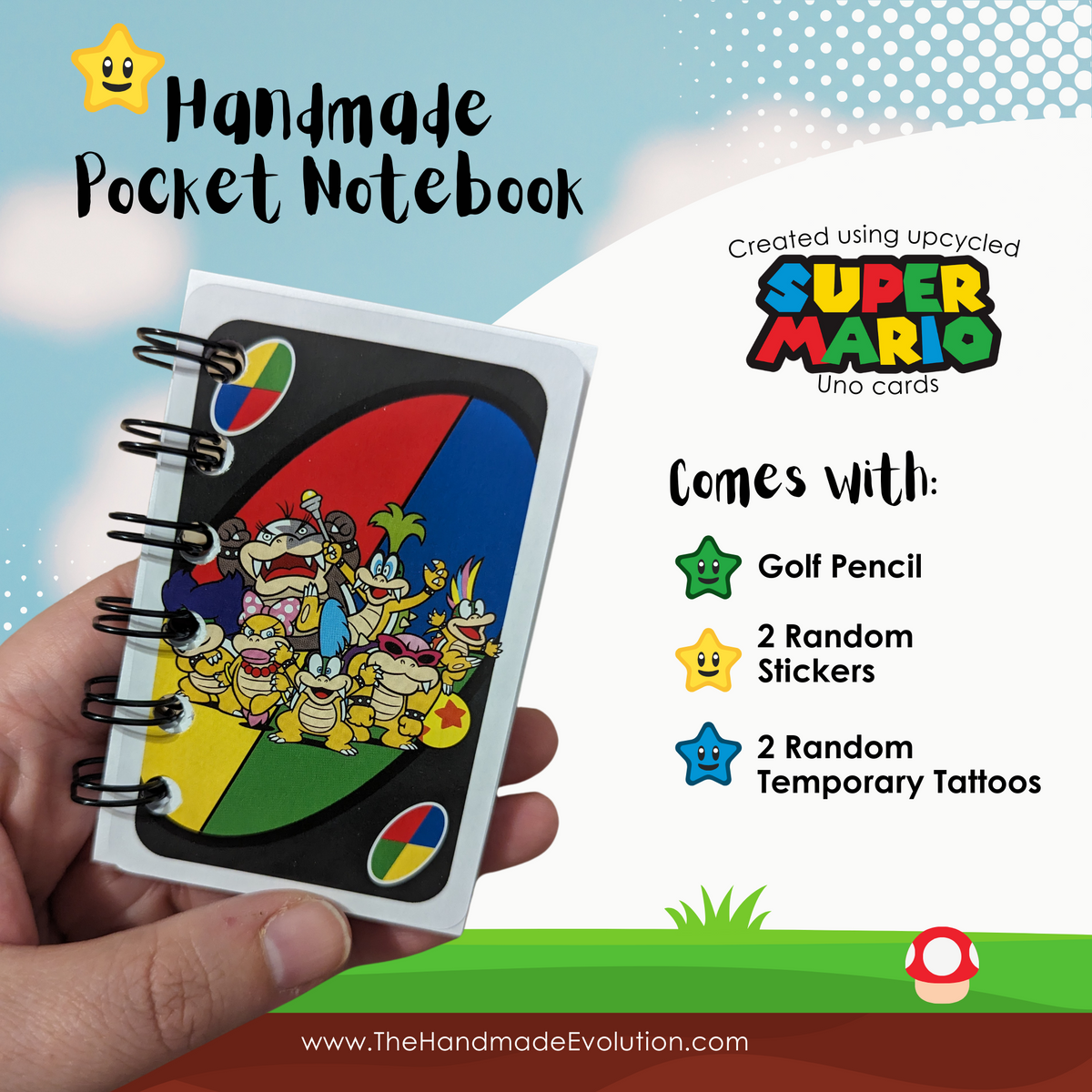 Mario themed pocket notebook. Handmade using upcycled Mario Uno Cards. Mario & Friends. 