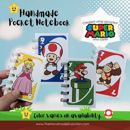 Mario themed pocket notebook. Handmade using upcycled Mario Uno Cards. Mario & Friends. Color Varies.