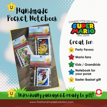 Mario themed pocket notebook. Handmade using upcycled Mario Uno Cards. Luigi . Great for party favors, mario fans, notebook for purse, gifts. 