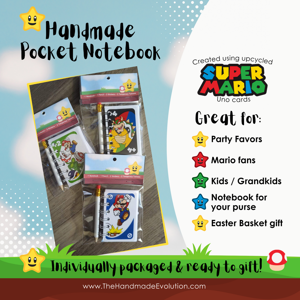 Mario themed pocket notebook. Handmade using upcycled Mario Uno Cards. Mario & Friends. Great for Party Favors, Mario fans, Easter Baskets, or notebook for purse.