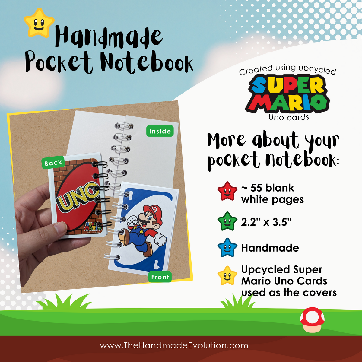Mario themed pocket notebook. Handmade using upcycled Mario Uno Cards. Mario & Friends.