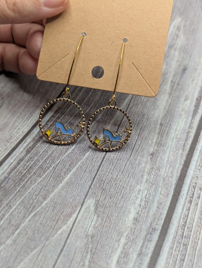 Cinderella Shoe, Gold Long Dangle Earrings