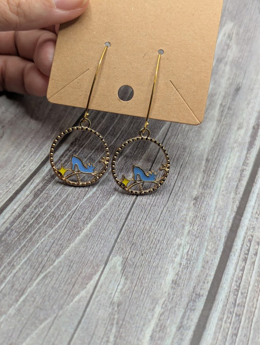 Cinderella Shoe, Gold Long Dangle Earrings