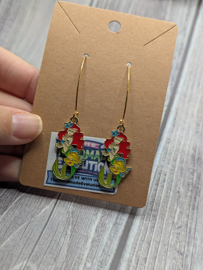 Ariel & Flounder, Gold Long Dangle Earrings