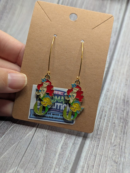 Ariel & Flounder, Gold Long Dangle Earrings
