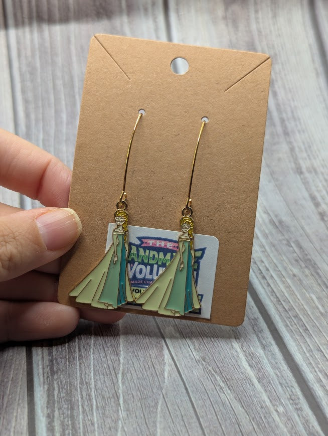 Elsa Dress, Gold Long Dangle Earrings