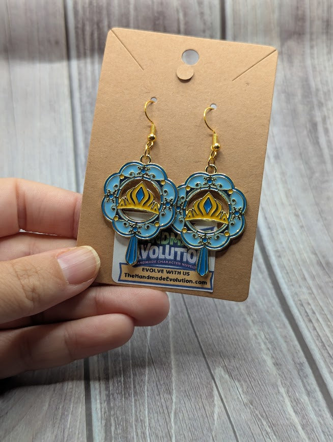 Elsa Snowflake Tiara Fan, Gold Hook Dangle Earrings