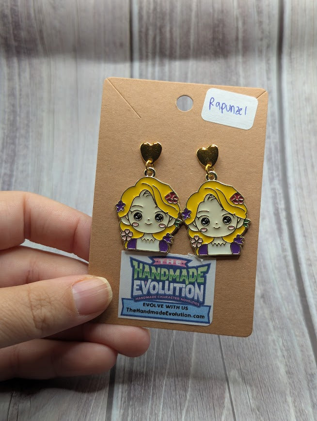 Rapunzel Flowers in Hair, Gold Heart Stud Earrings