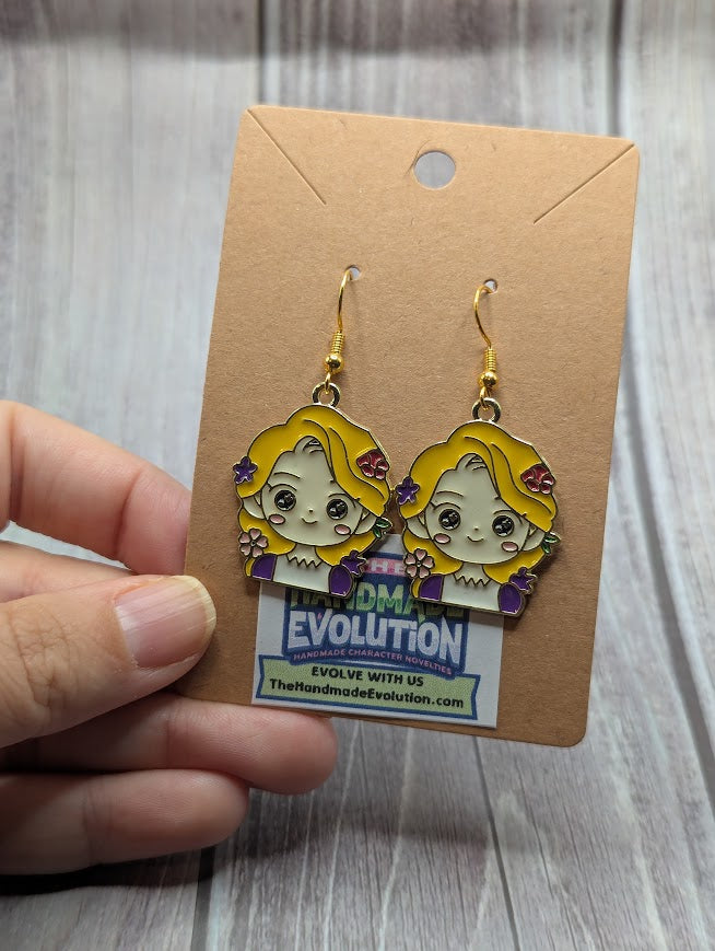 Rapunzel Flowers in Hair, Gold Hook Dangle Earrings