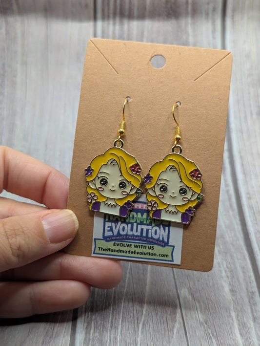 Rapunzel Flowers in Hair, Gold Hook Dangle Earrings