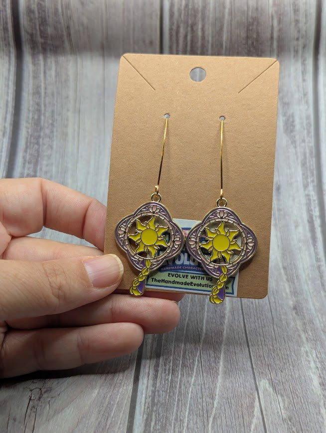Rapunzel Flowers in Hair, Gold Long Dangle Earrings