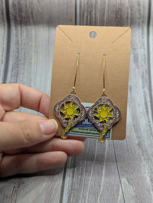 Rapunzel Flowers in Hair, Gold Long Dangle Earrings
