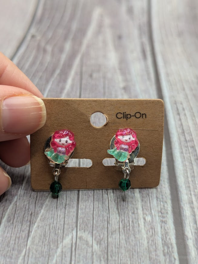Ariel, Little Mermaid, Clip on Earrings with Bead