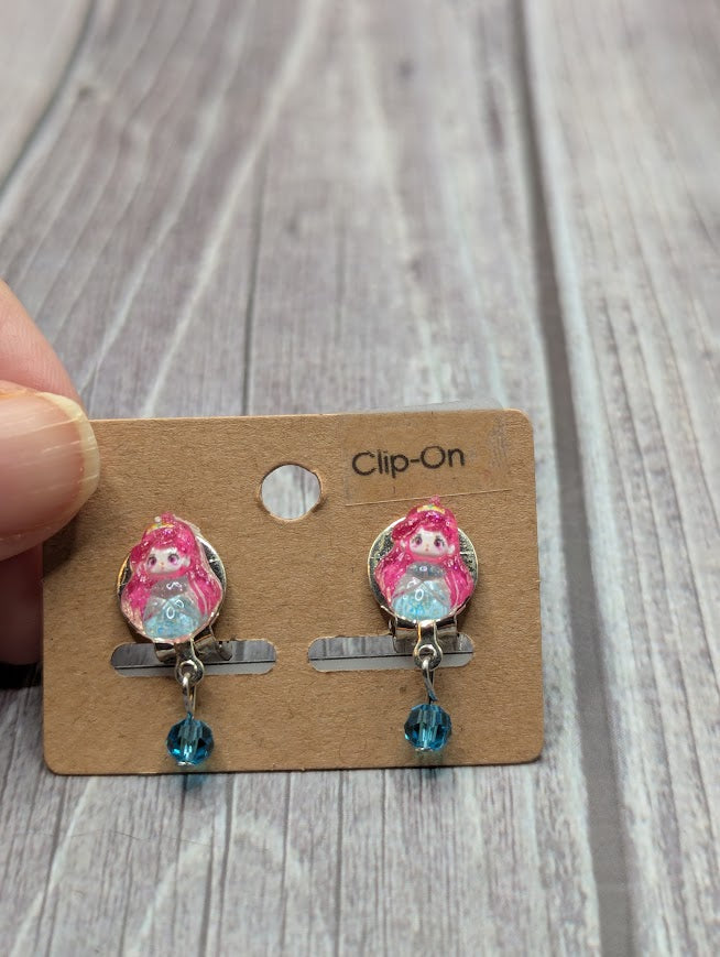 Ariel Dress, Little Mermaid, Clip on Earrings with Bead