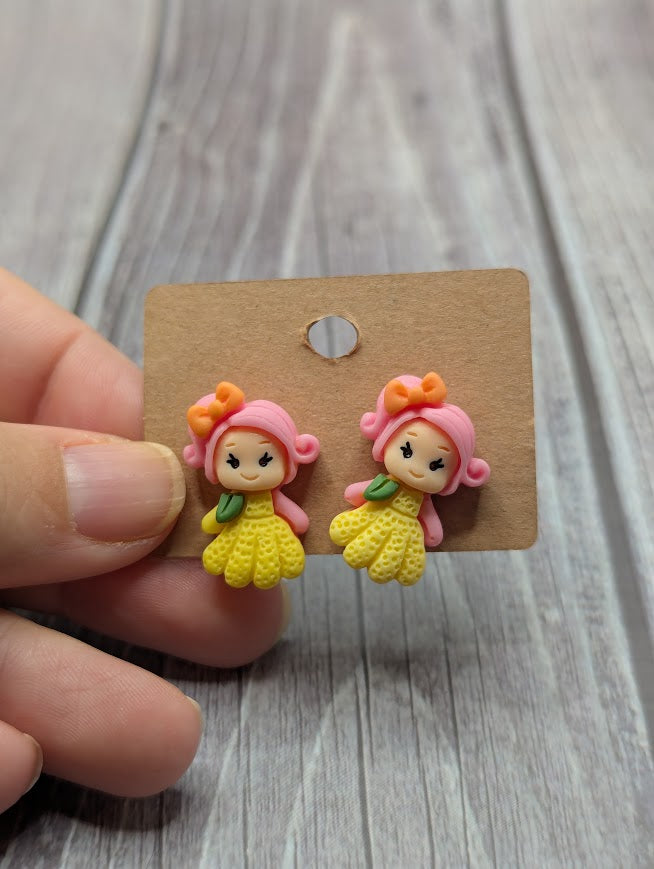 Pink Hair Fairy Princess, Stud Earrings