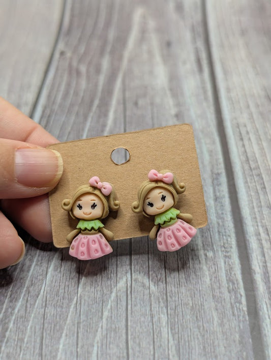 Brown Hair Pink Bow, Fairy Princess, Stud Earrings