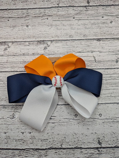 Baseball Bow, Blue, Orange, White Hair Clip