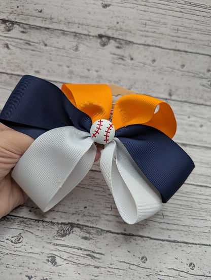 Baseball Bow, Blue, Orange, White Hair Clip