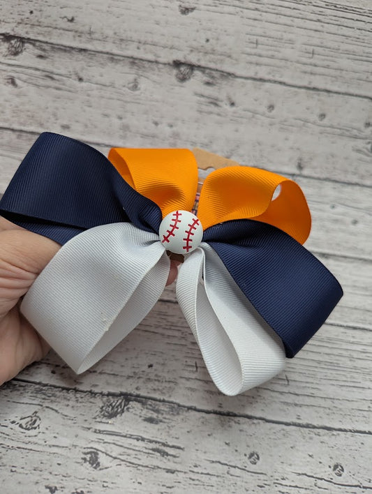 Baseball Bow, Blue, Orange, White Hair Clip