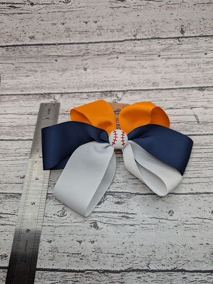 Baseball Bow, Blue, Orange, White Hair Clip