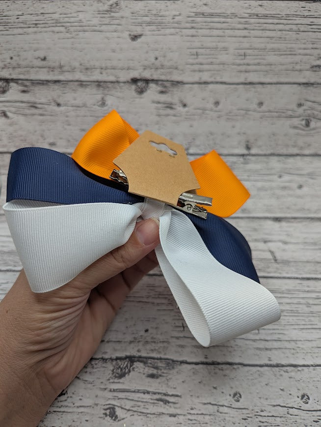 Baseball Bow, Blue, Orange, White Hair Clip