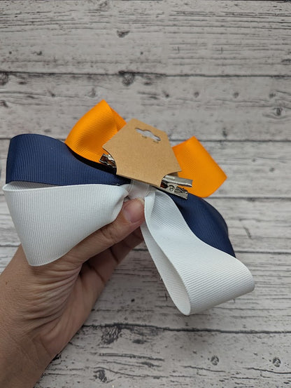Baseball Bow, Blue, Orange, White Hair Clip