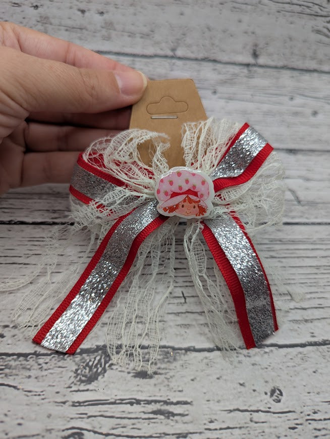 Strawberry Shortcake Bow, Lace, Red, Sparkle Silver, Hair Clip