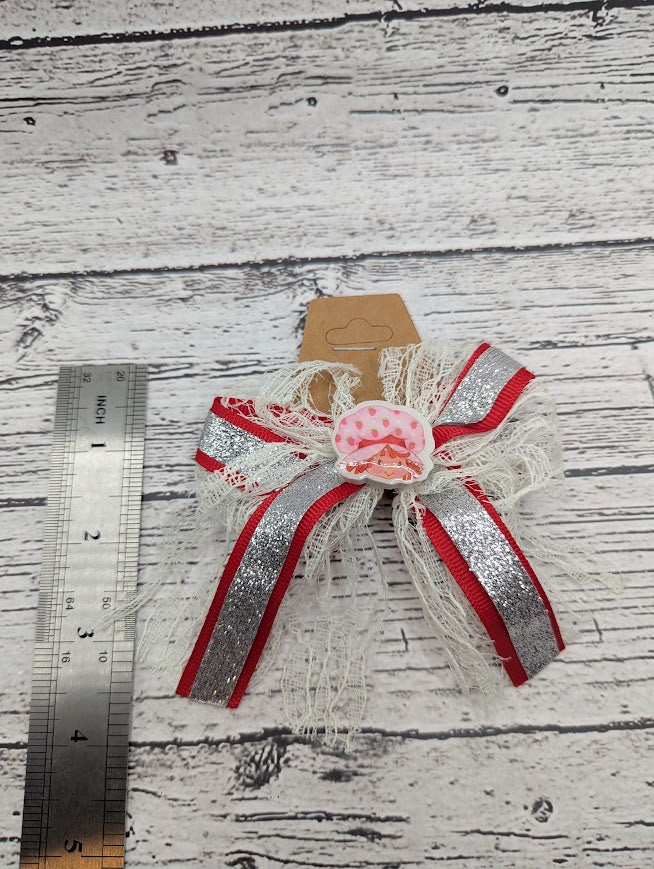 Strawberry Shortcake Bow, Lace, Red, Sparkle Silver, Hair Clip