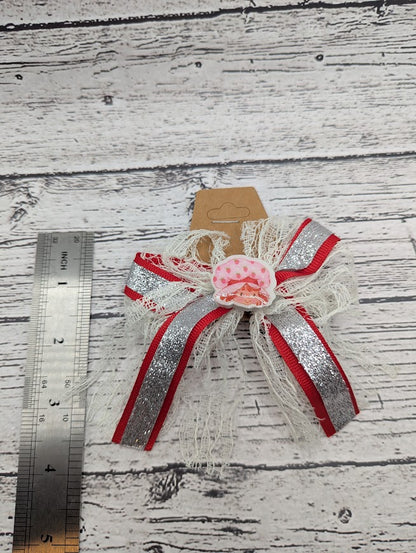 Strawberry Shortcake Bow, Lace, Red, Sparkle Silver, Hair Clip