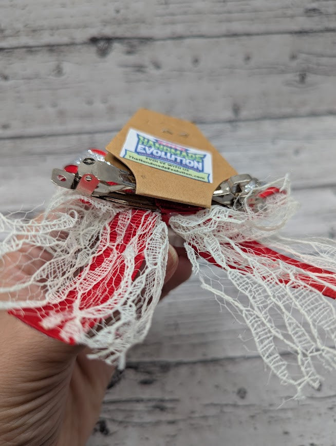 Strawberry Shortcake Bow, Lace, Red, Sparkle Silver, Hair Clip