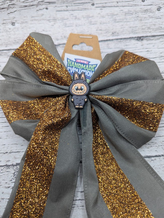 Labubu Bow, Gold, Grey, Sparkle,  Hair Clip
