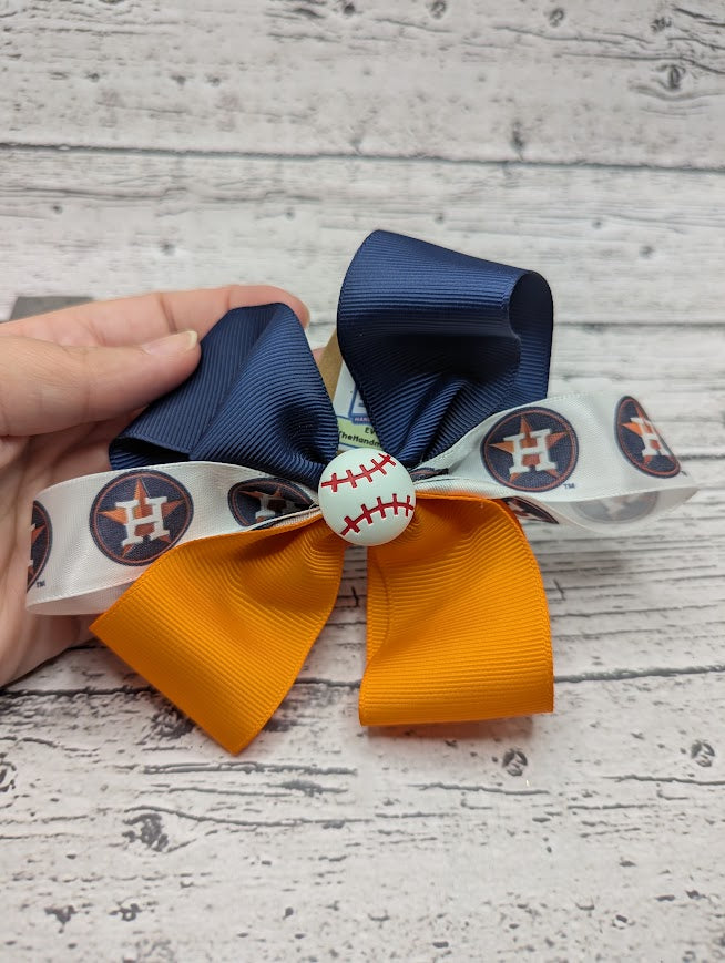 Houston Astros Baseball Bow, Blue, Orange, Hair Clip